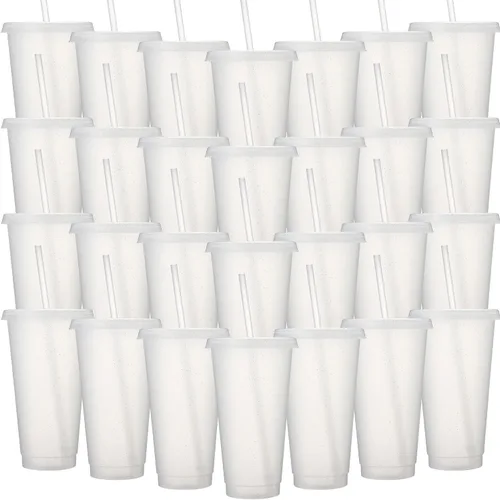 Vista 11 de Honeydak Paquete de 60 vasos con popote y tapa, vasos a granel para regalos, tazas de café de plástico con purpurina de 24 a 27 onzas, botella