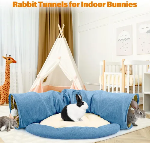 Vista 7 de BWOGUE Cama Túnel para Conejos, Juguetes de Tubos Túnel Plegables 2 en 1 con Alfombrilla Removible y Escondite para Gatos, Gatitos, Conejos