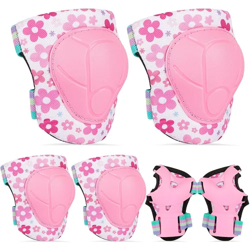 Vista 8 de FIODAY Rodilleras para niños, conjunto de equipo de protección ajustables para niños, rodilleras y coderas con protector de muñeca para niñas