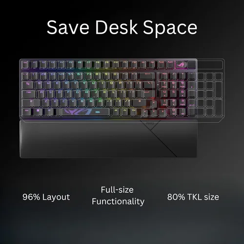 Vista 2 de ASUS ROG Strix Scope II 96 Teclado mecánico inalámbrico para juegos, 96% de tamaño completo, conectividad trimodo, interruptores ROG NX Storm