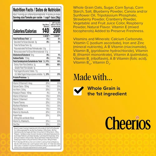 Vista 2 de Cheerios Very Berry, cereales para el desayuno saludables para el corazón sin gluten, hechos con avena integral, tamaño familiar, 18.6 onzas Heart