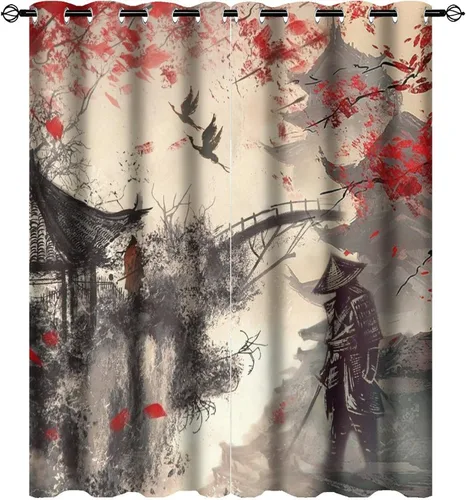 Vista 29 de Cortinas opacas abstractas japonesas samuráis para dormitorio, caballo samurái rústico, rojo, ojal, aislamiento térmico, cortinas de oscurecimiento