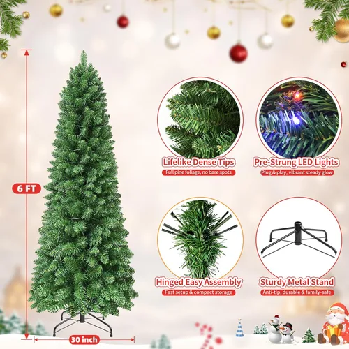 Vista 3 de Árbol de Navidad preiluminado de 6 pies, 190 LED duales, 10 modos de luz, 610 puntas, árbol de Navidad artificial delgado