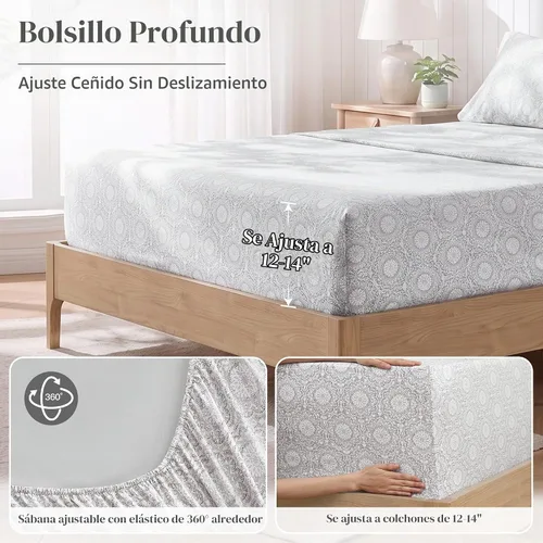 Vista 5 de Comfort Spaces Sábanas de percal 100% algodón, tamaño individual XL, 3 Adelia Gris