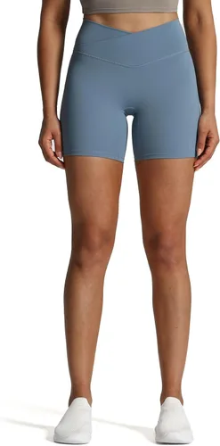 Vista 2 de Aoxjox Trinity - Pantalones cortos de ciclismo para mujer, cintura cruzada, cintura cruzada, cintura alta, ejercicio, atletismo, gimnasio, correr