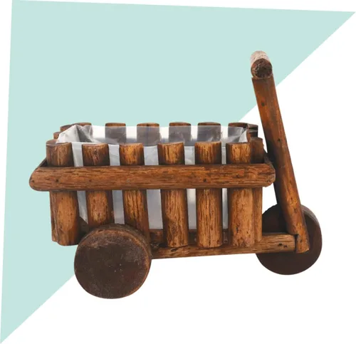 Vista 6 de GANAZONO Maceta de madera hecha a mano con diseño de carrito para el hogar y la oficina, contenedor multifuncional para plantas