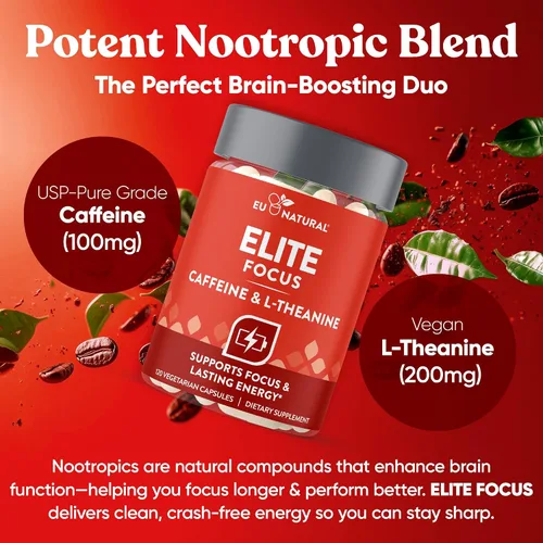 Vista 4 de Elite Cafeína con L-teanina, fuerza extra sin temblores, energía enfocada, cápsulas nootrópica natural para el rendimiento cognitivo, 120 cápsulas