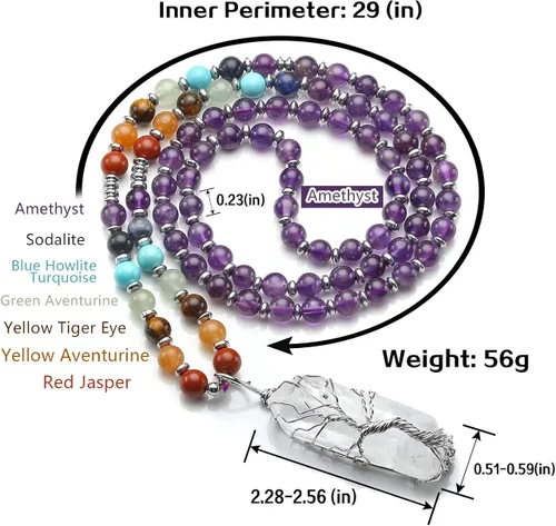 Vista 6 de Jovivi Collar de cristales curativos naturales de 7 chakras envuelto en alambre de cuarzo transparente colgante de árbol de la vida curativo