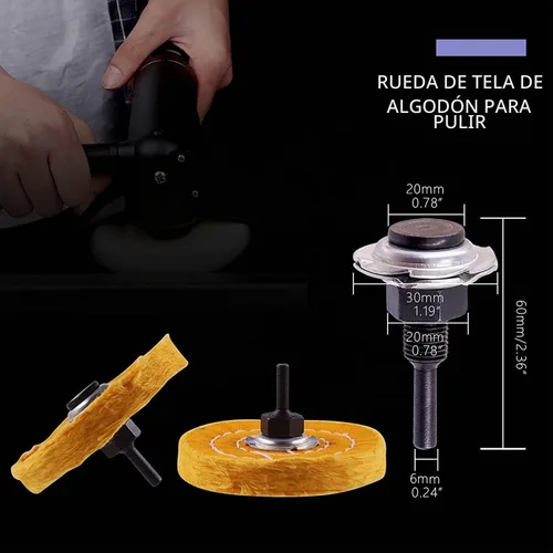 Vista 3 de Rueda de pulido de 4" con compuesto de pulido y juego de adaptador de taladro de eje de 1/4", kit de herramientas de pulido de 8 piezas, amoladora
