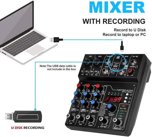 Vista 4 de AD14 Mezclador de audio profesional Placa de sonido Interfaz Sistema de consola 4 canales USB digital Bluetooth MP3 Entrada de computadora 48V