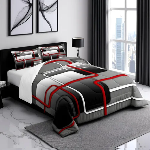 Vista 2 de Castle Fairy Juego de edredón rojo, negro y blanco, tamaño Queen, juego de ropa de cama geométrica abstracta para mujeres, hombres, adultos Multi 01