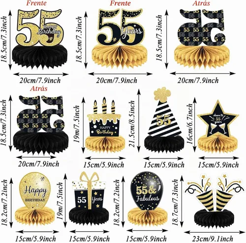 Vista 2 de 9 piezas de decoración de cumpleaños número 55 para centros de mesa de cumpleaños 55 para decoración de mesas, decoraciones de nido de abeja de 55