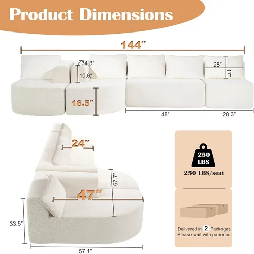 Vista 2 de Sofás seccionales sin hueso de 144 pulgadas para sala de estar, moderno sofá modular en forma de U con diván, cómodo sofá de espuma viscoelástica