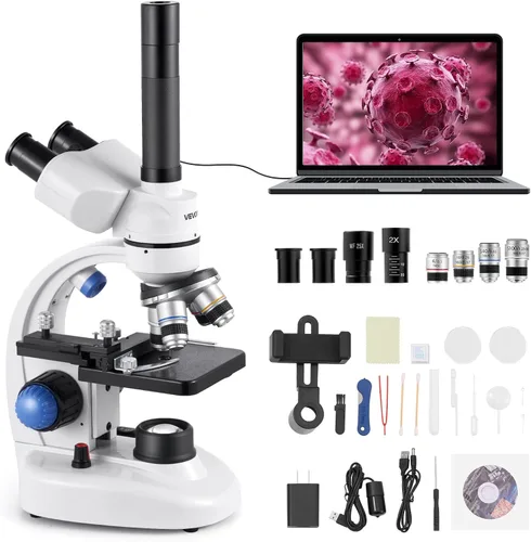 Vista 13 de VEVOR Microscopio para niños adultos, 40X-2000X Microscopio compuesto profesional adaptador de teléfono móvil con luz LED, para laboratorio