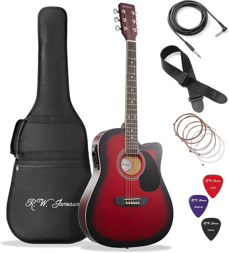 Vista 10 de Jameson Guitars - Guitarra eléctrica acústica Thinline de tamaño completo con funda y púas, negra, para diestros