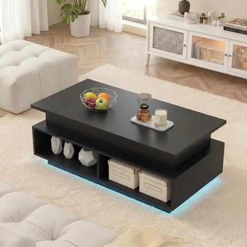 Vista 10 de YESHOMY Mesa de Centro Elevable de 40" con Almacenamiento Oculto y Luces LED Multicolor, Mesa Cuadrada Moderna de Madera con 4 Estantes Abiertos