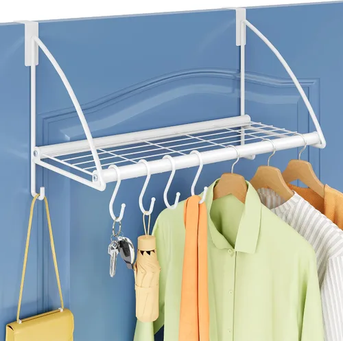 Vista 11 de Tajsoon Percha para colgar sobre la puerta con estante de almacenamiento y 6 ganchos, perchero para colgar abrigos, perchero de puerta para baño