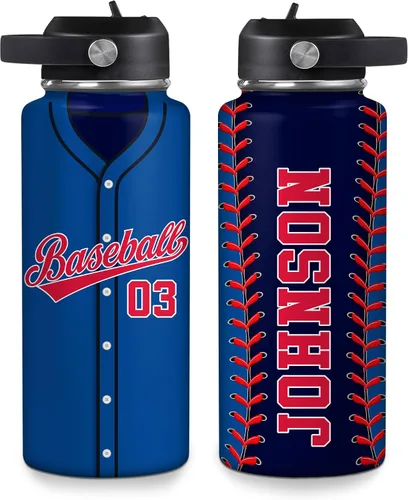 Vista 14 de Hyturtle Botella de agua de béisbol personalizada, botella de acero inoxidable aislada de viaje con tapa a prueba de fugas, 18 onzas, 32 onzas