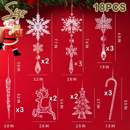 Vista 5 de Eygeufg 18 adornos colgantes de cristal acrílico con forma de copo de nieve y carámbanos, decoraciones tradicionales blancas de Navidad
