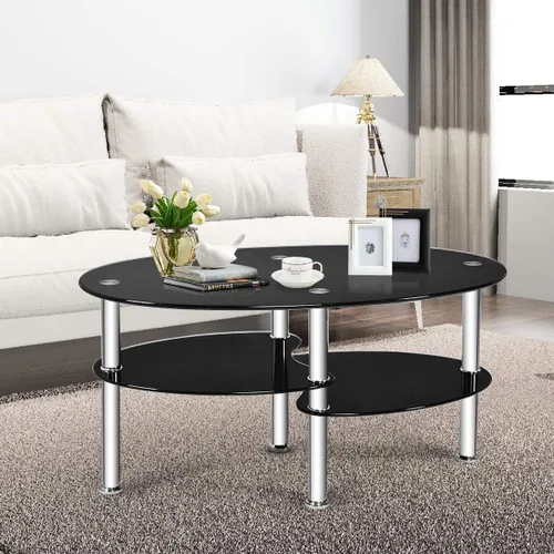 Vista 2 de FANTASK Mesa de centro de vidrio templado, mesa de té ovalada de acero de 3 niveles con amplio escritorio de vidrio, estante de almacenamiento
