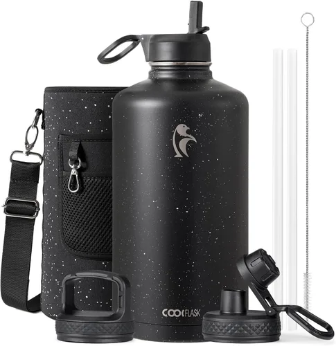 Vista 87 de Coolflask Botella de agua de 20 onzas aislada con pajilla, 3 tapas de metal de acero inoxidable, botella de agua de boca ancha para deportes u