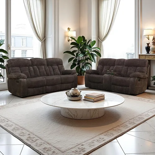 Vista 20 de Juego de sofá reclinable manual de pana extragrande para sala de estar, juego de sofá de pana con mesa desplegable y portavasos para Beige