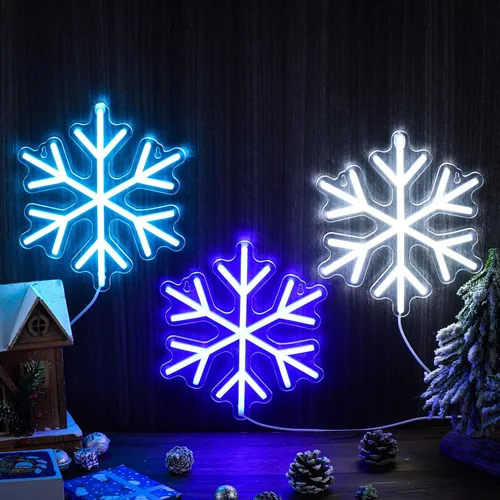 Vista 7 de ROCEEI 3 letreros de neón de copo de nieve, luces LED de copo de nieve, luces de neón de invierno, barra de pared para ventana, decoración de sala