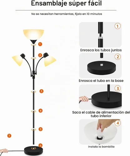 Vista 7 de Lámpara de pie negra, lámpara de pie, lámparas de pie de 71 pulgadas de alto para sala de estar, interruptor de 3 vías, pantalla de lámpara