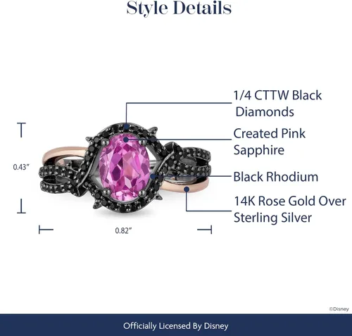 Vista 7 de Jewelili Enchanted Disney Fine Jewelry - Anillo de oro rosa de 14 quilates sobre plata esterlina con rodio negro ovalado zafiro rosa creado y 14
