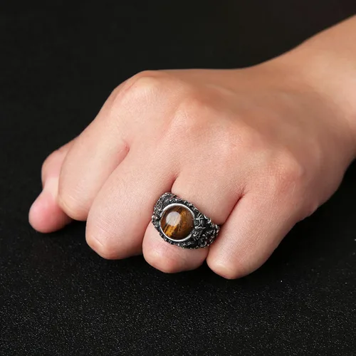 Vista 3 de HZMAN Anillo de boda retro de acero inoxidable gótico con piedra de ojo de tigre, turquesa, talla 7-14