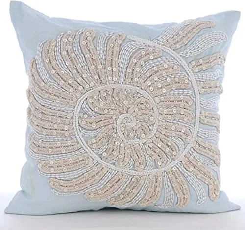Vista 28 de The HomeCentric Funda de cojín para sofá, 12 x 12 pulgadas, funda de almohada decorativa cuadrada de lino azul claro con zardozi y cuentas bordadas