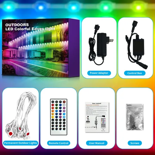 Vista 7 de XINKAITE Luces permanentes para exteriores de 50 pies con 25 LED, RGB+IC inteligentes con 16 millones de colores de bricolaje, IP67 impermeable