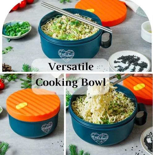 Vista 6 de Tazón de ramen para microondas para sopa y fideos instantáneos con bolsa de almuerzo aislada con cultery, cocina de ramen para microondas