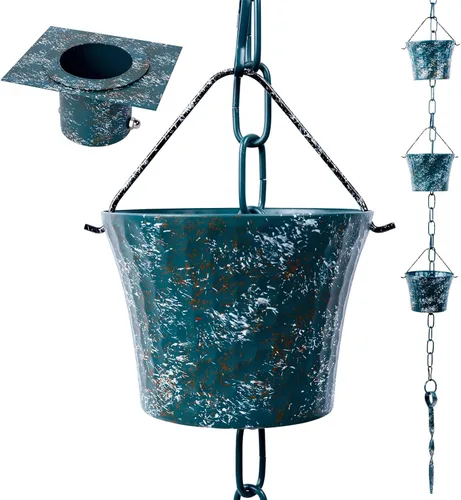 Vista 11 de Juego de cadenas de lluvia de 8.5 pies, no se oxidan, cadenas de lluvia de hierro forjado para canaletas con adaptador para drenaje y estaca