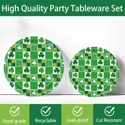Vista 3 de 168 piezas de suministros para fiesta del día de San Patricio, platos de la suerte, servilletas, juego de vajilla de papel de trébol irlandés verde