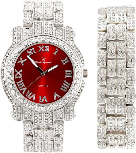 Vista 15 de Charles Raymond Reloj redondo de lujo para hombre totalmente incrustado con brillantes en plata con pulsera Bling-ed Out - L0504B