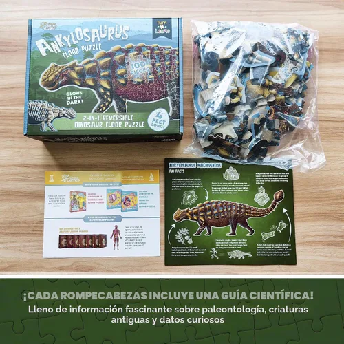 Vista 6 de Ankylosaurus - Rompecabezas de dinosaurio Rompecabezas de piso de doble cara de 100 piezas con esqueleto que brilla en la oscuridad en el otro