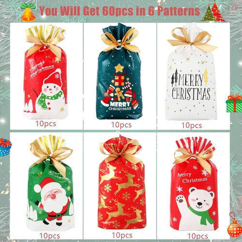 Vista 3 de Heniho 60 bolsas de golosinas de Navidad, 4 x 6 pulgadas con cordón, bolsas de galletas para dulces, regalos de fiesta