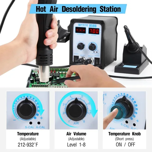Vista 3 de FEITA 8586 SMD Estación de retrabajo de aire caliente 2 en 1 Soldador digital y pistola de aire térmico con 5 puntas de soldadura, 1 ventosa