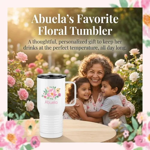 Vista 2 de Just So Posh Abuela Flowers Tumbler, Vaso de Café de Viaje con Asa y Tapa Deslizante, Blanco 20 oz Polar Camel, Acero Inoxidable, Aislado al Vacío