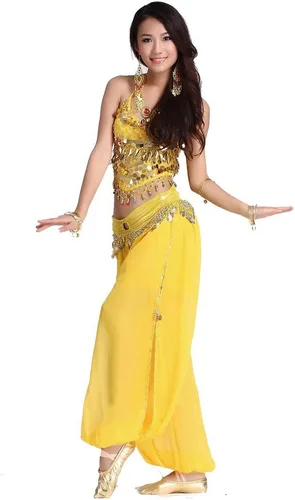 Vista 5 de Traje para danza árabe ZLTdream para mujeres, de chifón, top venda y pantalones anchos con monedas