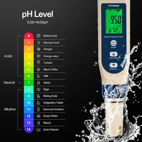 Vista 2 de VIVOSUN Medidor de pH digital 5 en 1 con función de PH/salinidad/TDS/EC/temperatura, pantalla de retroiluminación, IP67 impermeable para hidroponía