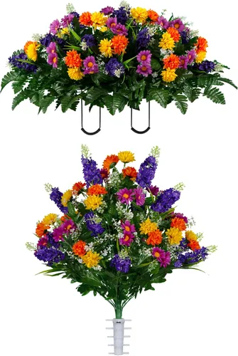 Vista 12 de Sympathy Silks Flores artificiales para cementerios – Decoraciones para tumbas - 1 ramo de flores silvestres de violeta púrpura y naranja, 1 montura