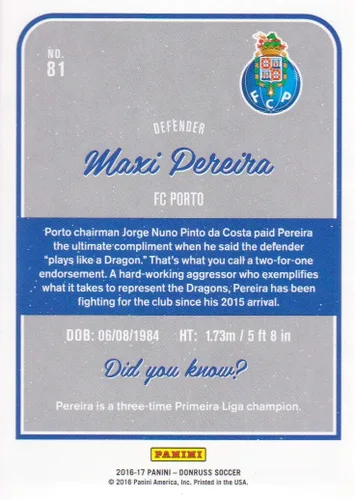 Vista 2 de 2016 Donruss Soccer Holographic #81 Maxi Pereira FC Oporto