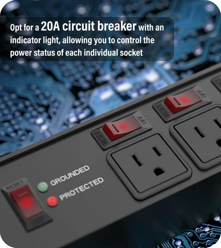 Vista 4 de CCCEI Regleta de Protección contra Sobretensiones de Servicio Pesado con Interruptores Individuales de 20 Amperios. Cable de Extensión de 4 Pies