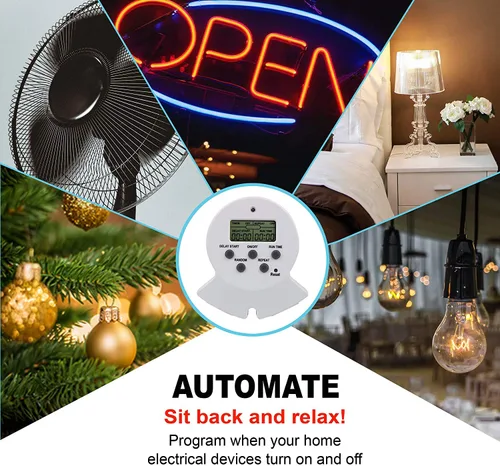 Vista 4 de Clear Power Temporizador de interior, temporizador digital EZ de 2 salidas a tierra para abrazadera, luz de crecimiento, acuario, blanco, enchufe a
