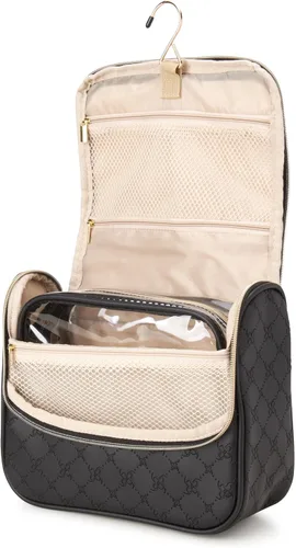 Vista 6 de NINE WEST Bolsa de maquillaje negra Organizador de cosméticos Esenciales de viaje Gancho colgante Patrón de celosía de cuero sintético ribete dorado