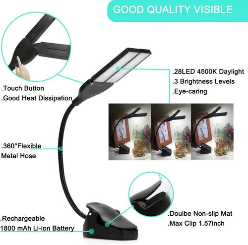 Vista 2 de Luces LED de soporte de música recargables, 28 luces LED con 3 niveles de brillo, lámpara de clip de escritorio de iones de litio de 1800 mAh Negro