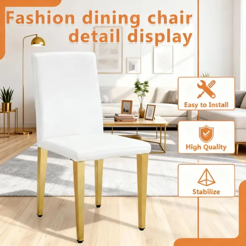 Vista 6 de Juego de 4 sillas de comedor modernas, piel sintética blanca con patas de metal dorado, 35.4 x 16 x 18.5 pulgadas, asientos acolchados de esponja