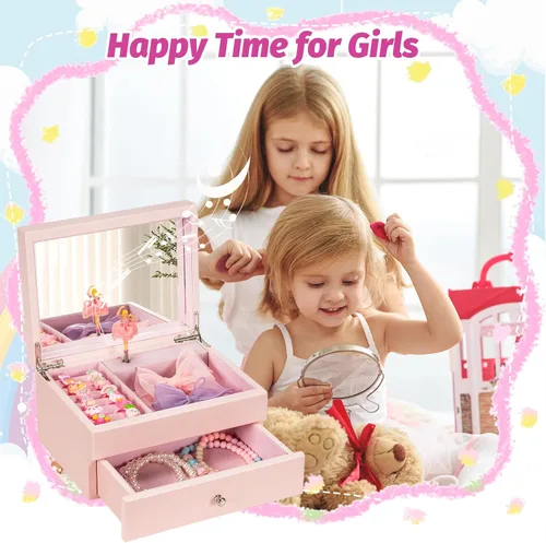 Vista 2 de Miratino Joyero musical de regalo para niñas, joyeros y organizadores de madera con bailarina giratoria, almacenamiento de joyas musicales, regalo